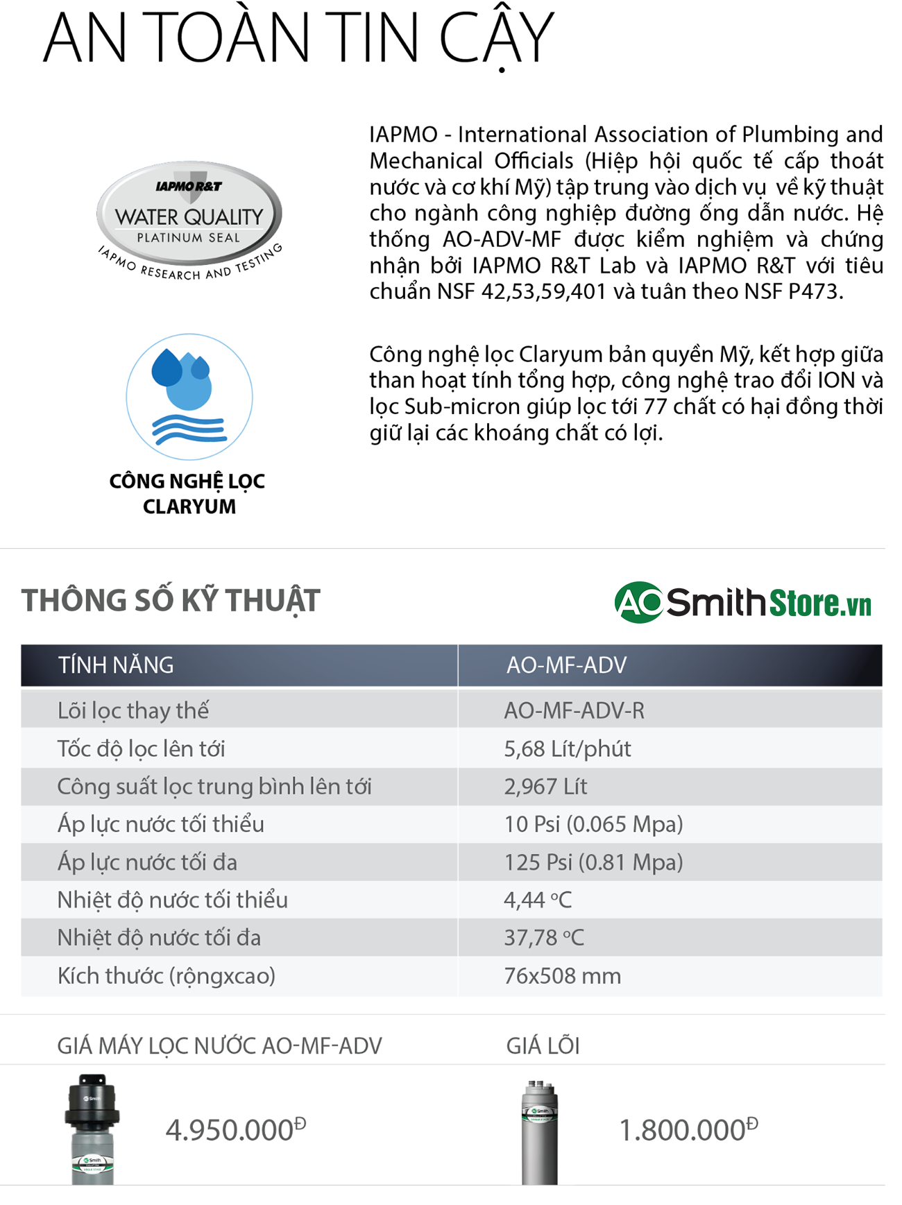  Máy Lọc Nước Aosmith Micro Filter AO-MF-ADV