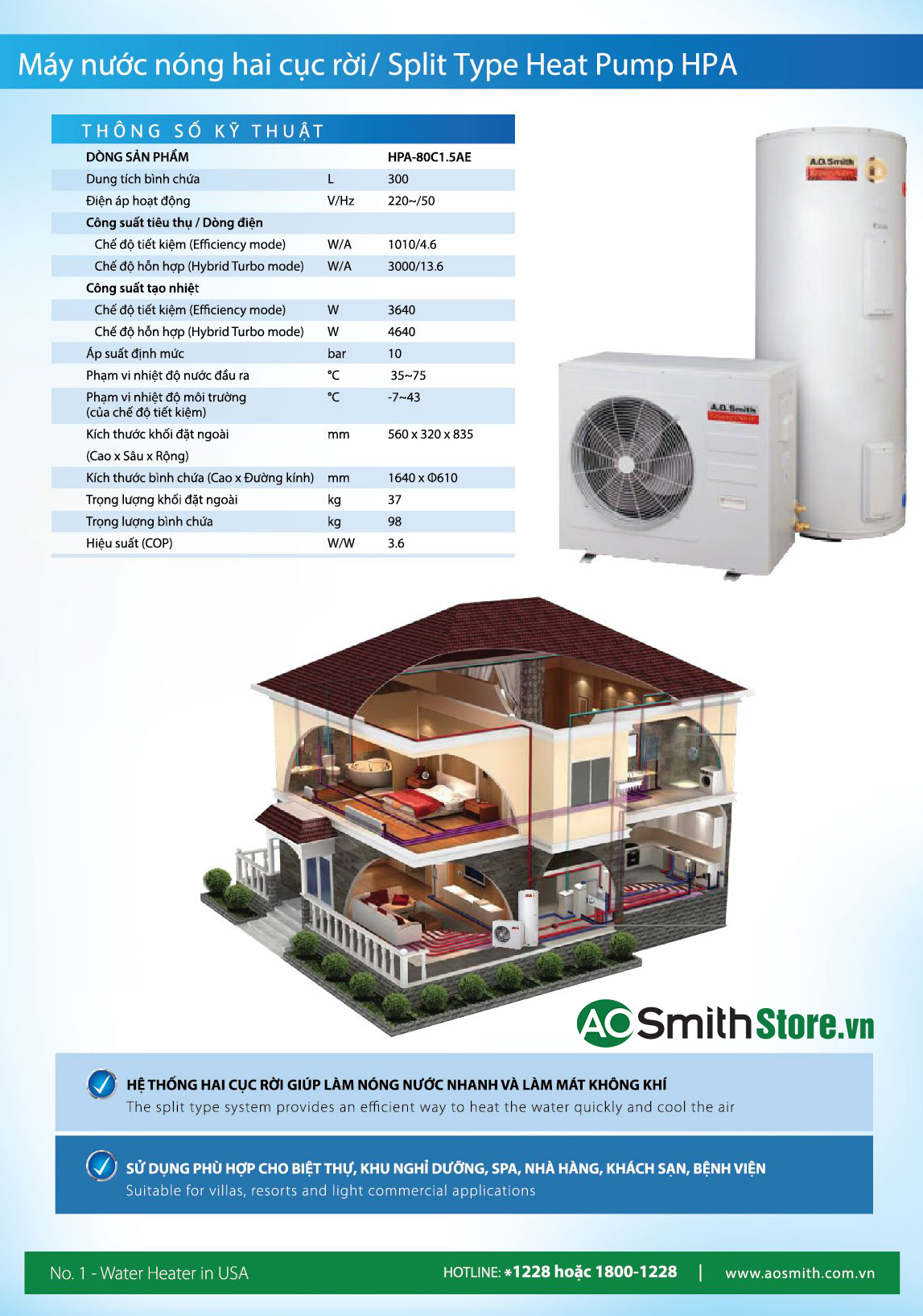 Máy nước nóng bơm nhiệt Aosmith HPA-80C1.5AE